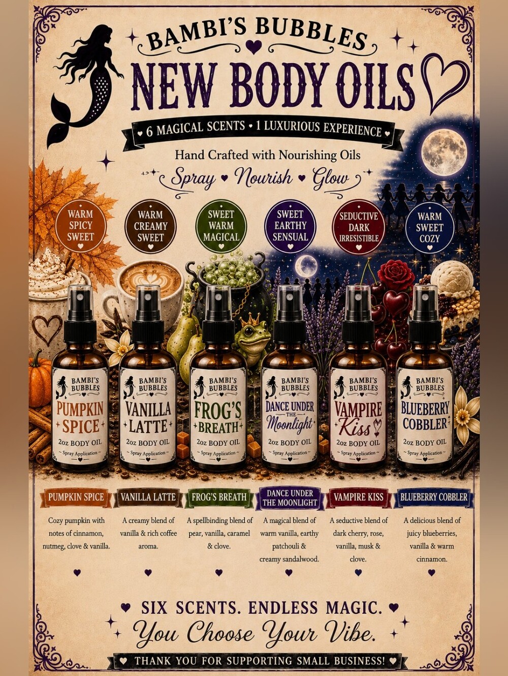 New! Bambis Bubble Fall Frenzy Collection 2oz Body Oil Spray Application